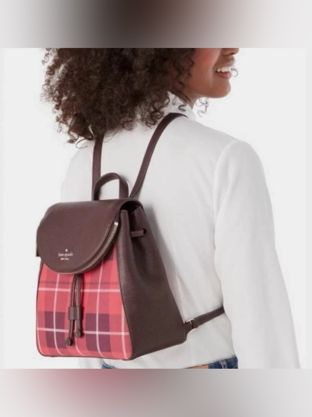 Reserved For NATTY kate spade Pink Plaid Leather Drawstring Backpack